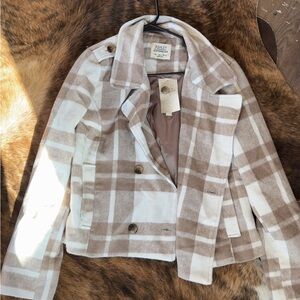 Ashley By 26 International Women's Plaid Pea Coat - Cream and Brown